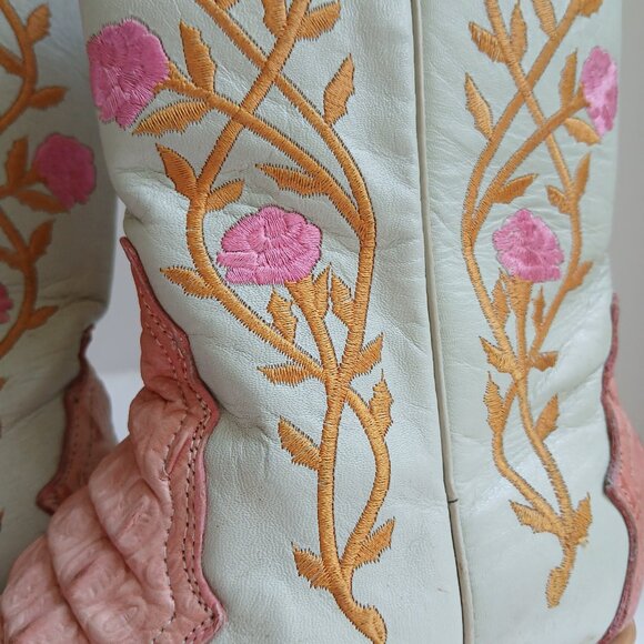 Pink Hornback Alligator SnipToe Boots Pink Roses Sewn on Cream Leather Sz 6 /23 - Picture 11 of 16